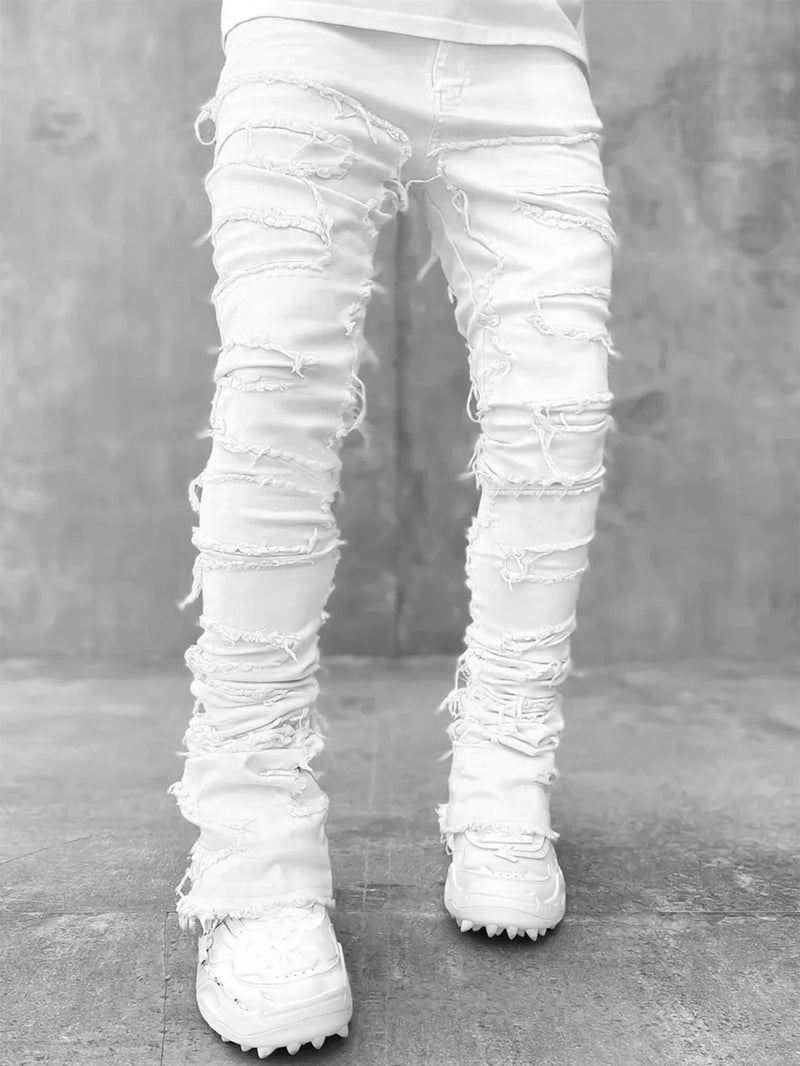 Men’s Stacked Ripped Jeans – Slim Fit Distressed Straight Denim Pants, Hip Hop Streetwear Style