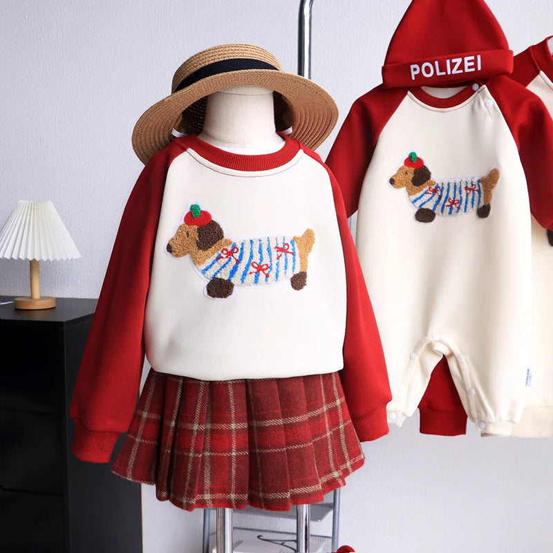 Funny Red Sweatshirts for The Whole Family Matching Clothes Father Mother and Son Daughter Cute Dog Print Tops Newborn Bodysuit