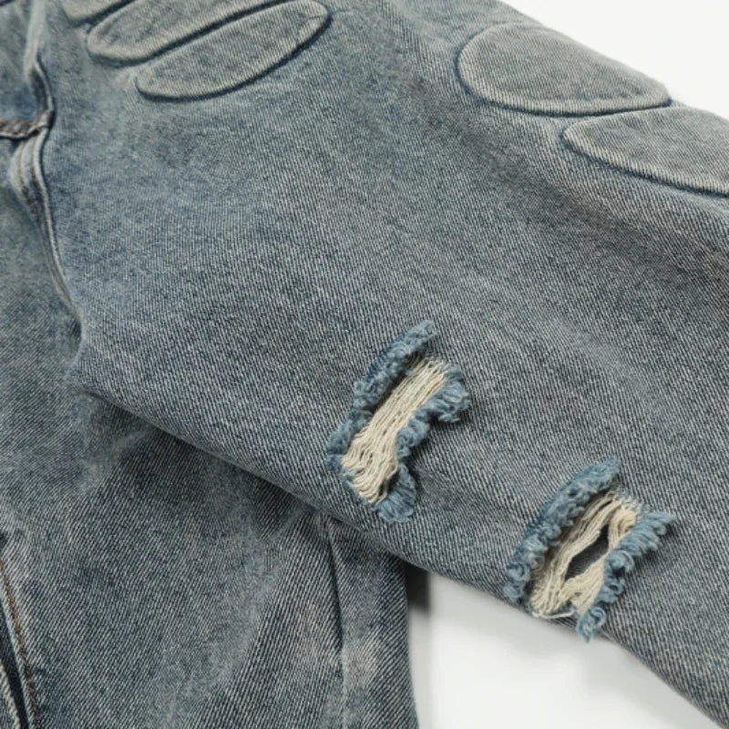 European American High Street Trend Kanye West Denim Jacket Heavyweight Washed Do Old Pleated Ripped Denim Outerwear