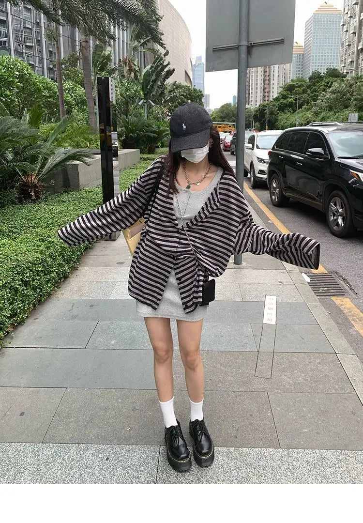Sweatshirts Women Striped Chic Loose All-match Design Summer Simple Daily Retro Students Tender Sun-proof Classic Korean Style