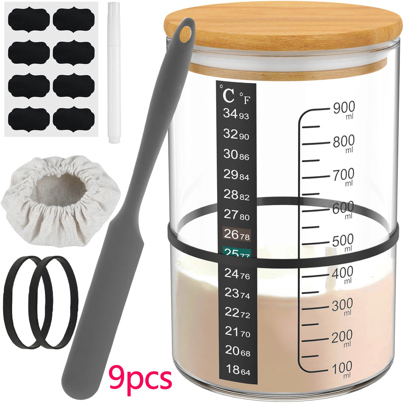 9Pcs Sourdough Starter Jar Kit 900ML Clear Glass Sourdough Starter Container Baking Fermentation Jar Food Storage Heat Resistant