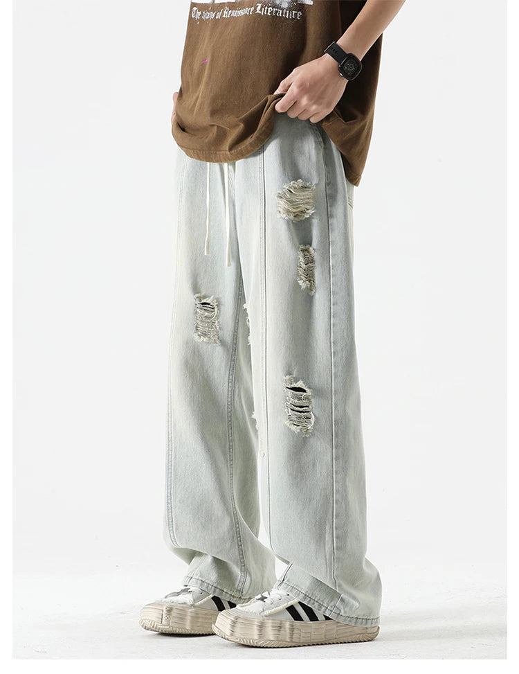 Men’s Summer Loose Ripped Jeans – Retro Straight-Leg Denim Pants with Drawstring Waist, Casual Streetwear Style