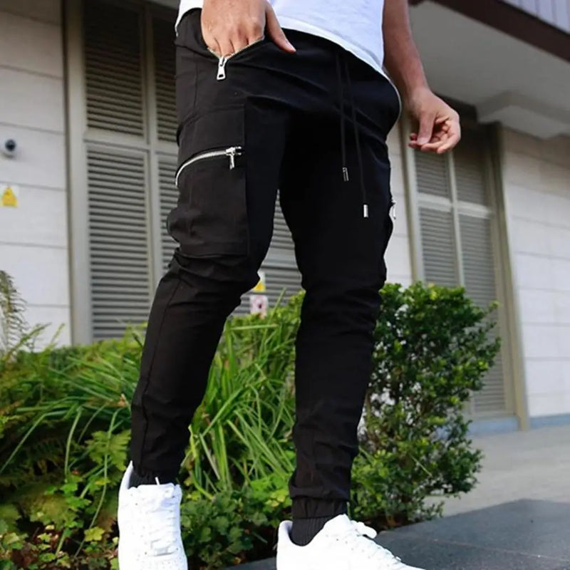 Mens Cargo Pants Zipper Pockets Jogger Running Hip Hop Streetwear Slim Sport Trousers Male Training Workout Fitness Sweatpants