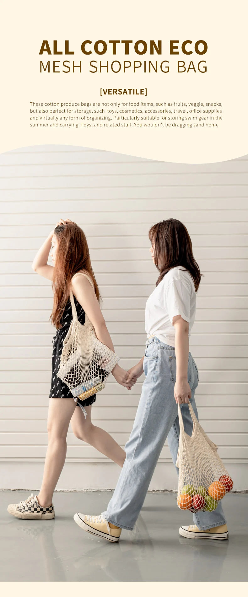 Bremium Reusable Mesh Shopping Bag Cotton Grocery Bags Portable Washable Durable Long Handle Tote Bags Reusable Produce Bags