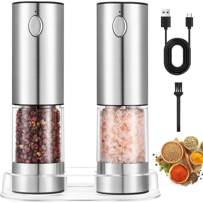 Electric Salt and Pepper Grinder Set – USB Rechargeable Adjustable Coarseness Mills with LED Light