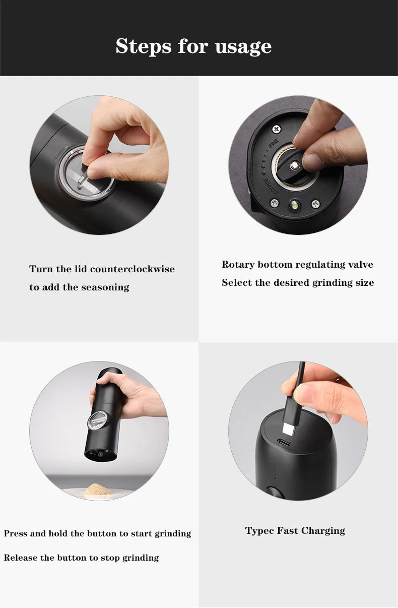 Electric Salt and Pepper Grinder Set with Charging Base and LED Light Adjustable Coarseness Automatic Spice Herb Mill