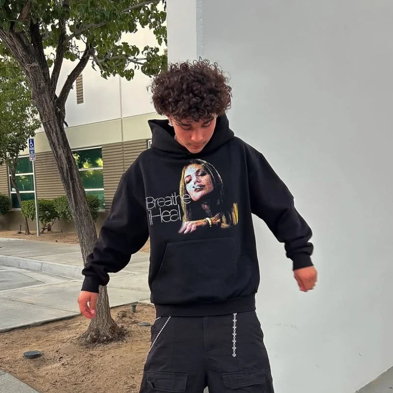 Y2K retro pattern printed sweatshirt for men fashion hip hop black street clothing neutral clothing loose men and women hoodies