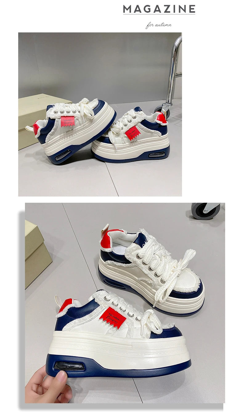 Fashion Chunky Sneakers Women Autumn Lace Up Platform Sports Shoes 8CM Thick Bottom High Heels Female Leather Sneakers Woman