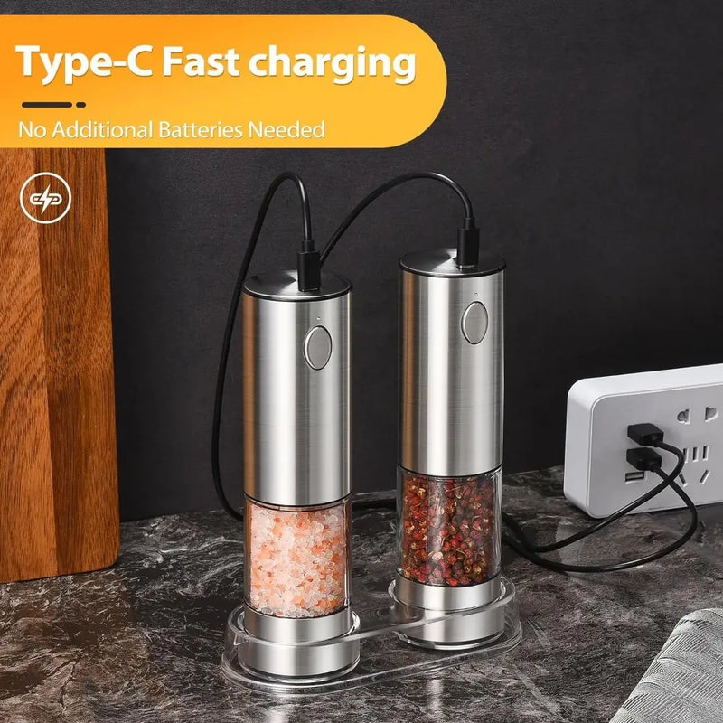 Electric Salt and Pepper Grinder Set – USB Rechargeable Adjustable Coarseness Mills with LED Light