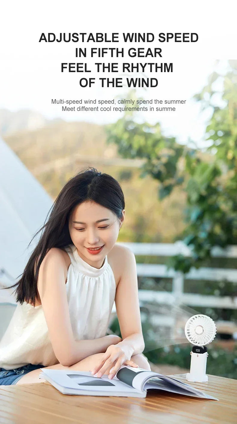 Handheld Mini Fan 3000mAh Foldable Portable Neck Hanging Fans 5 Speed USB Rechargeable Fan with Phone Stand and Display Screen