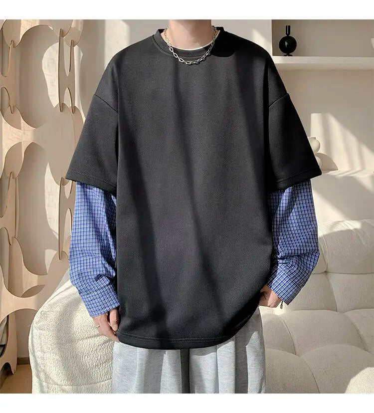 Fashion Oversized Solid Color Fake Two-Piece Hoodie with Checkered Sleeves Trendy Plus Size Pullover for Men and Women Autumn