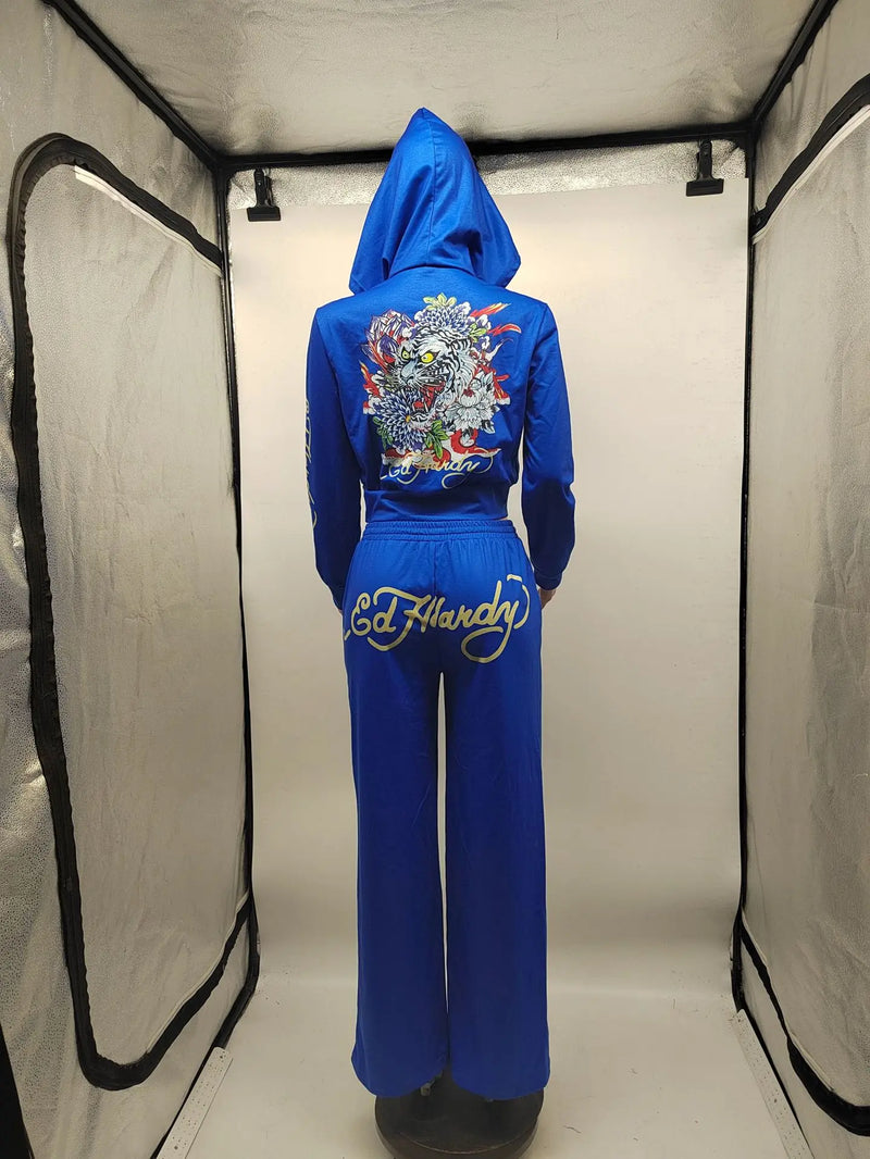 Y2k Zipper Tracksuit Women Black Print Hoodie Sweatpant Winter Blue Bodycon 2 Two Piece Outfits Pants Matching Sets Sweatshirt