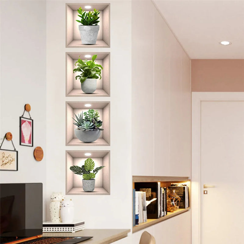 Vinyl Decal Bonsai Wall Sticker Poster  Removable 3D Green Leaves Plant Wallpaper Peel And Stick for Kitchen Living Room Decor