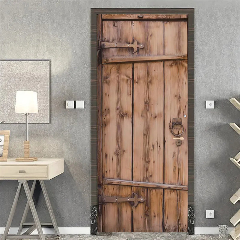 Wooden Door Mural Decal Sticker Peel and Stick Removable Self-Adhesive Brown Wood Grain Red Brick Door Wallpaper for Home Decor