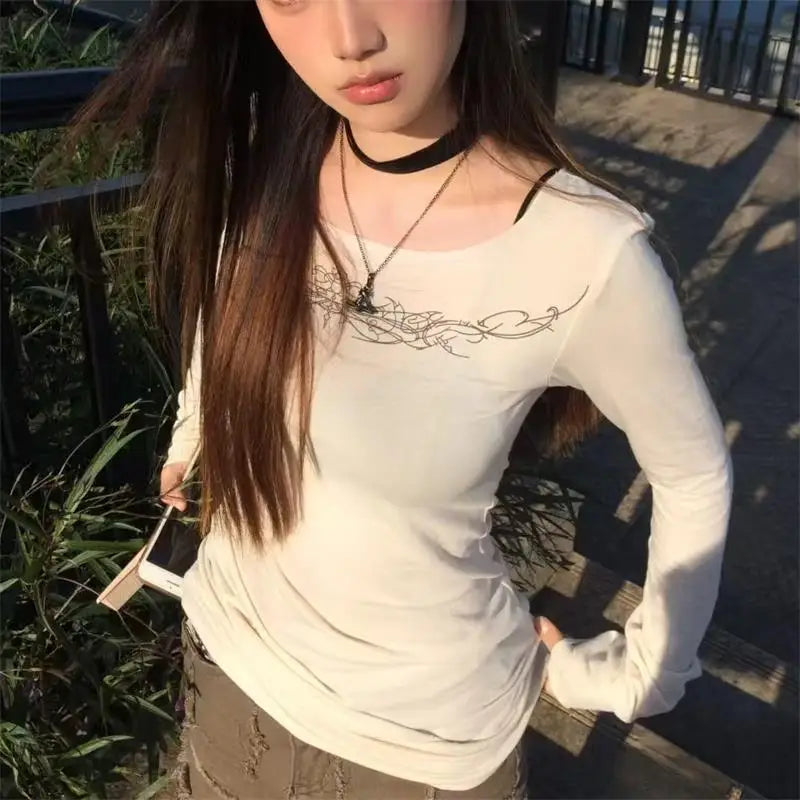 Y2k Gothic Print T-shirt Trashy 2000s Style Long Sleeve Tops Vintage Harajuku Streetwear American Retro T-shirts