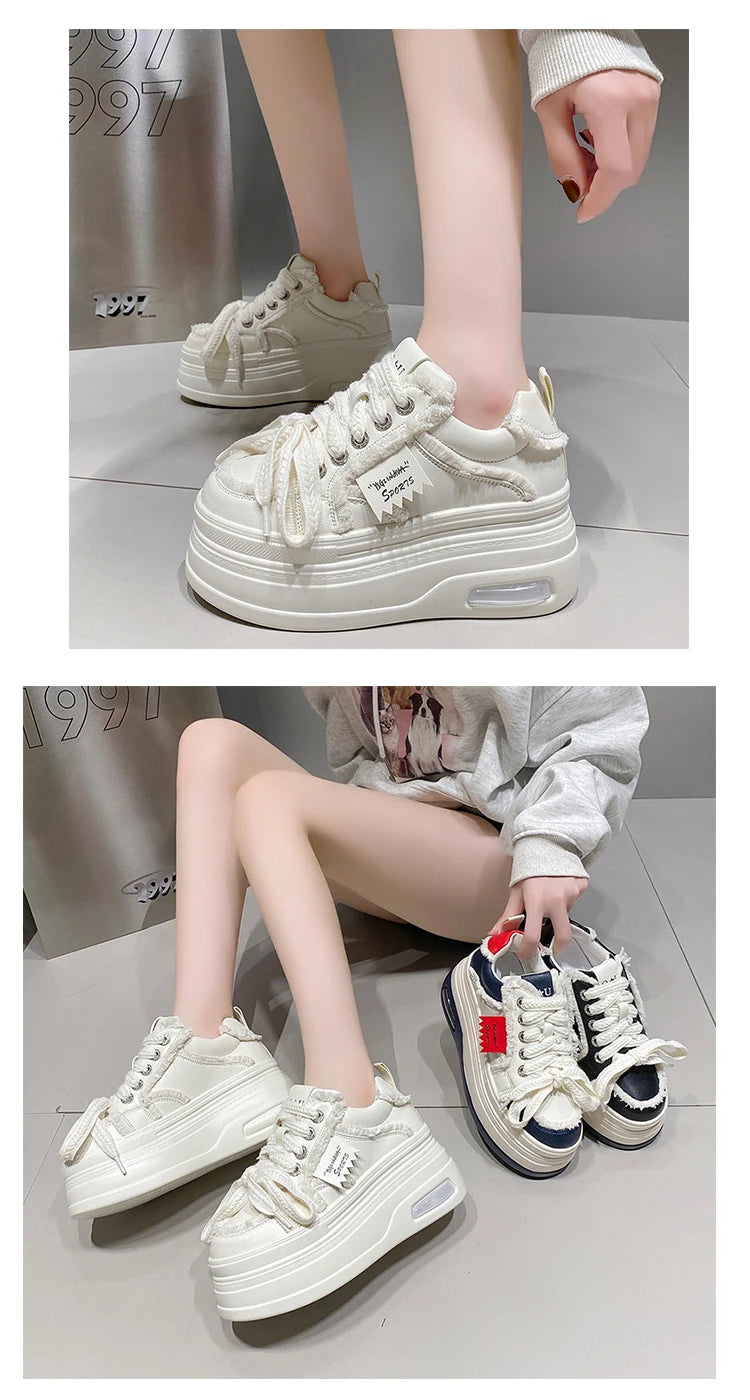 Fashion Chunky Sneakers Women Autumn Lace Up Platform Sports Shoes 8CM Thick Bottom High Heels Female Leather Sneakers Woman