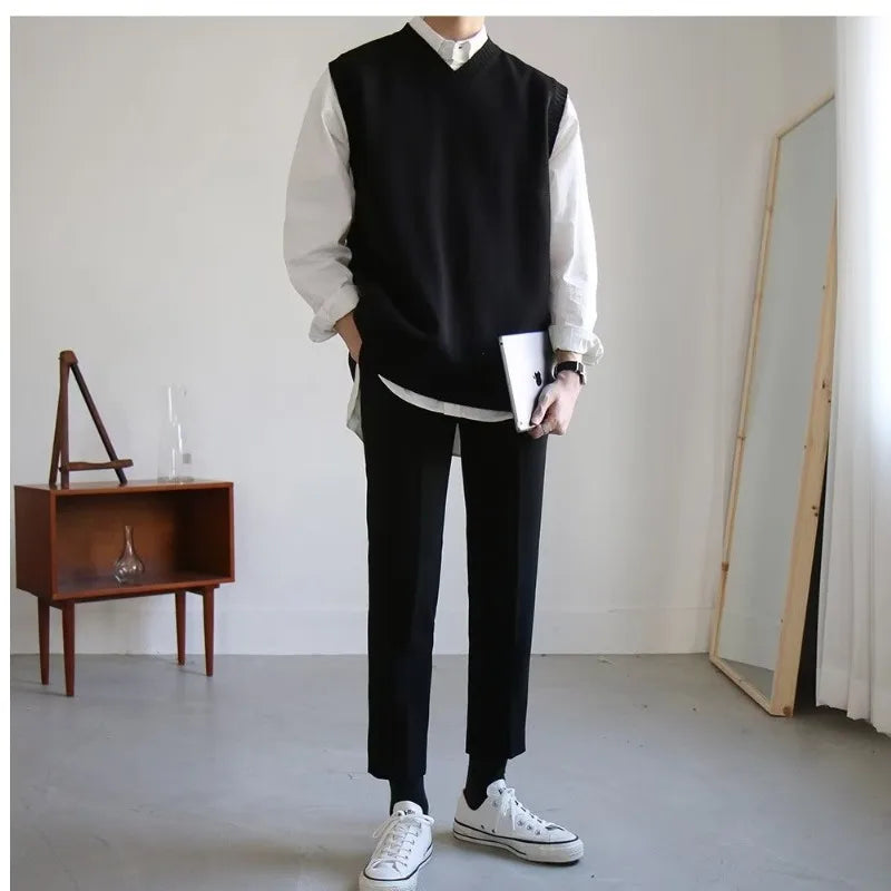 Tatiana Haven Men’s Simple Knit Sweater Vest – Solid V-Neck Sleeveless Top, Korean Casual Style, Plus Size M–3XL