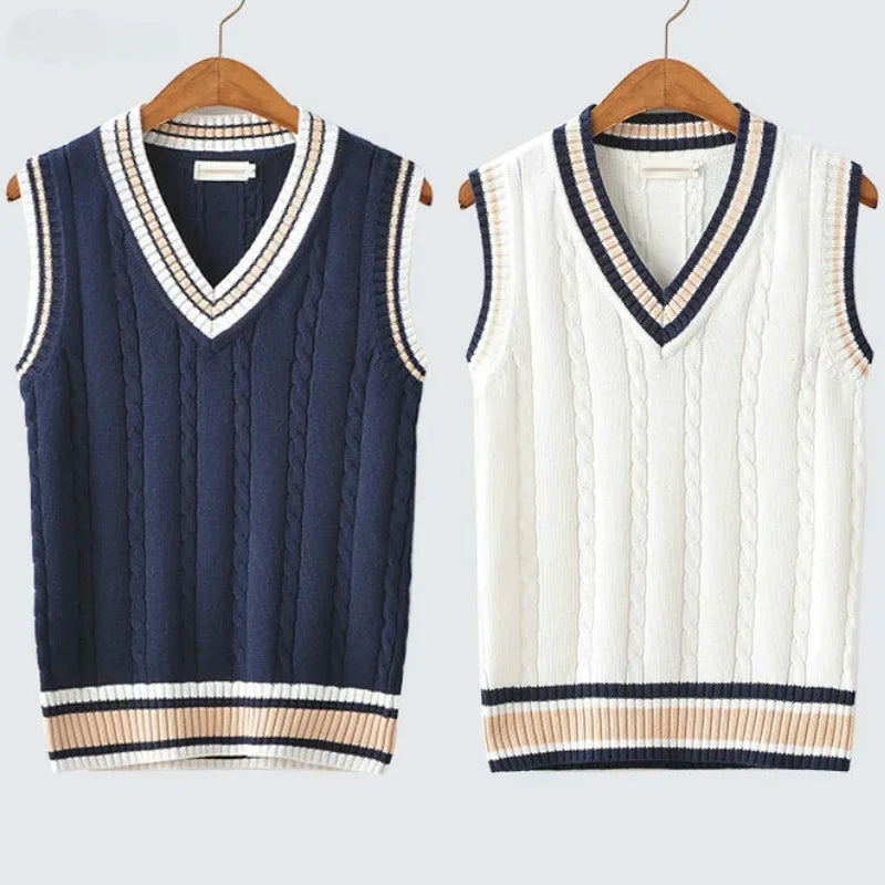 Men’s Thick Knit Sweater Vest – Striped V-Neck Sleeveless Pullover, Retro Preppy Casual Style