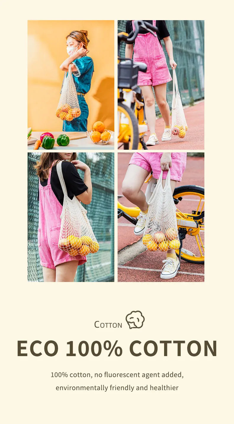 Bremium Reusable Mesh Shopping Bag Cotton Grocery Bags Portable Washable Durable Long Handle Tote Bags Reusable Produce Bags
