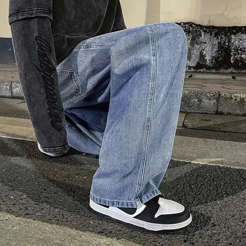 2024 New Streetwear Loose Jeans Men Korean Style Fashion Loose Straight Wide Leg Pants Men&