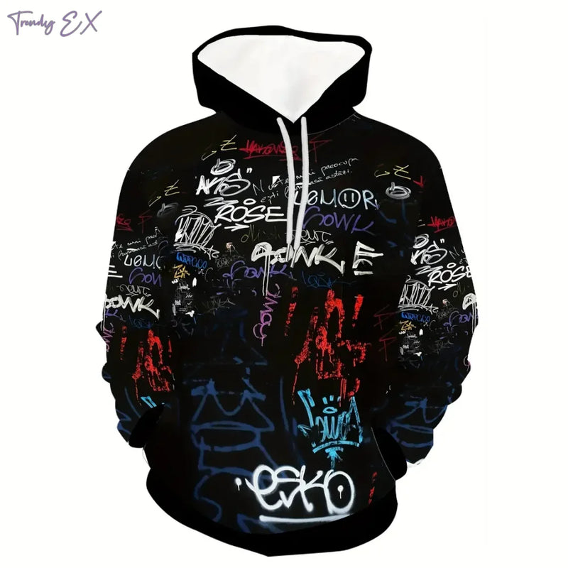 Men’s Oversized Graffiti Print Hoodie – Casual Streetwear Pullover Sweatshirt with Kangaroo Pocket