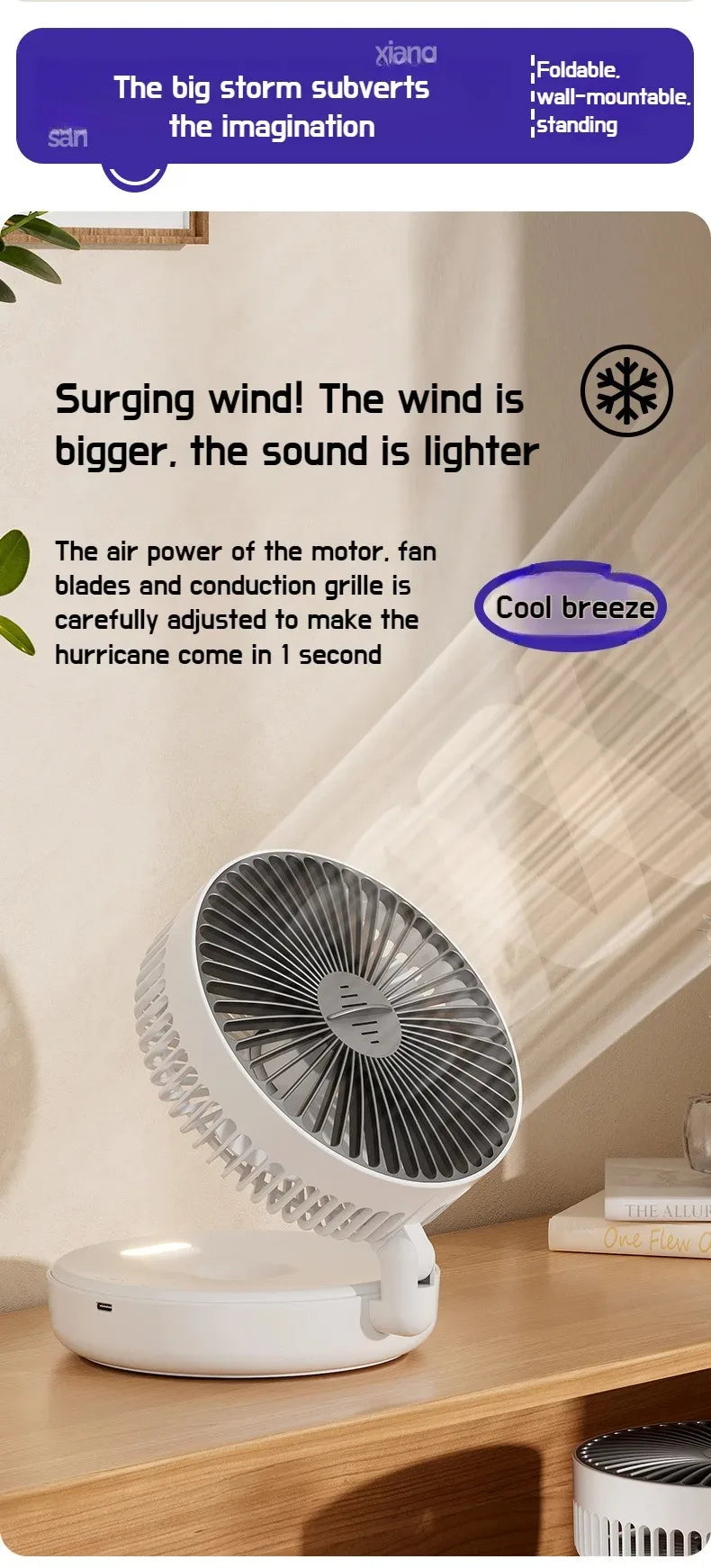 Foldable Desktop Fan Mini  Wall-Mounted Fan With Warm Night Light Rechargeable 4 Gears Adjustable Portable Air Circulation Fan