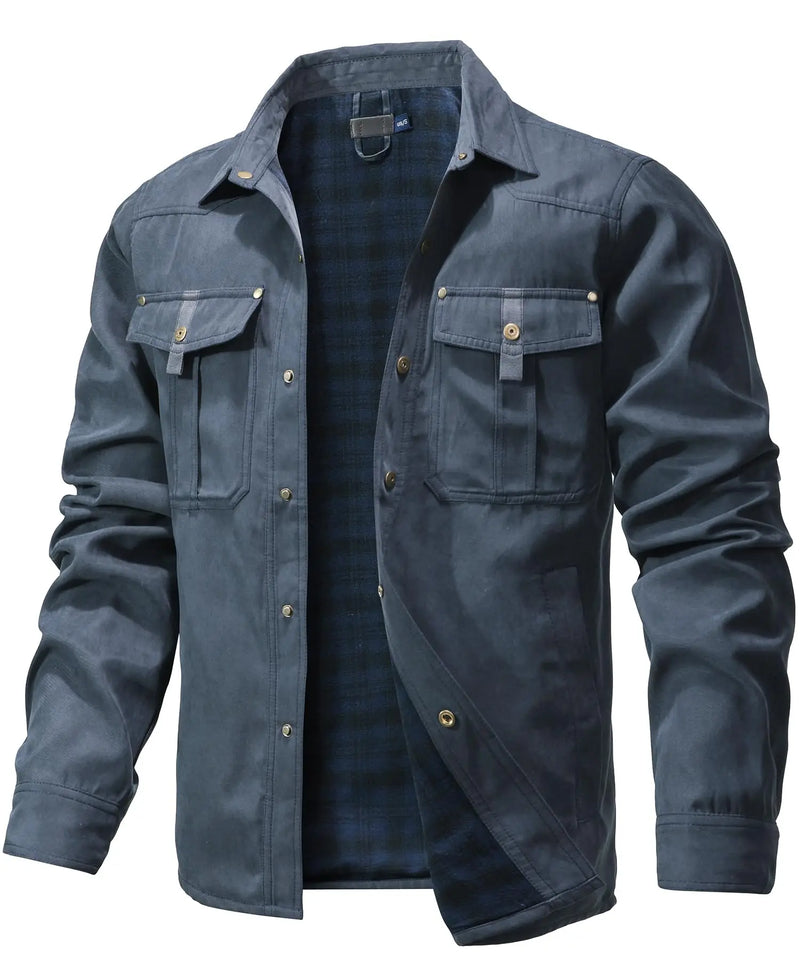 Men’s Flannel-Lined Shirt Jacket – Casual Snap Button Overshirt for Spring & Autumn