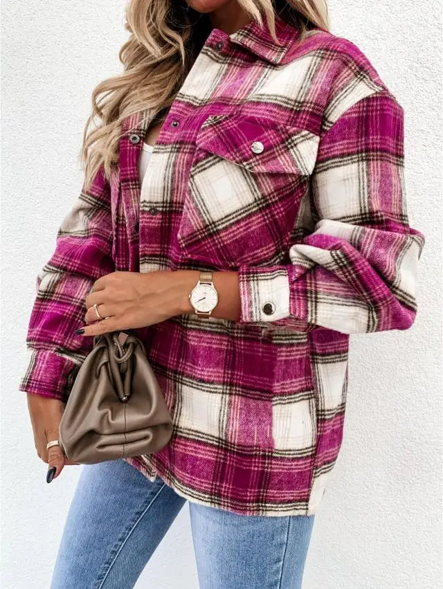Women’s Retro Plaid Shacket – Oversized Flannel Shirt Jacket with Pockets for Autumn & Winter
