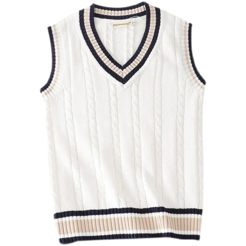 Men’s Thick Knit Sweater Vest – Striped V-Neck Sleeveless Pullover, Retro Preppy Casual Style
