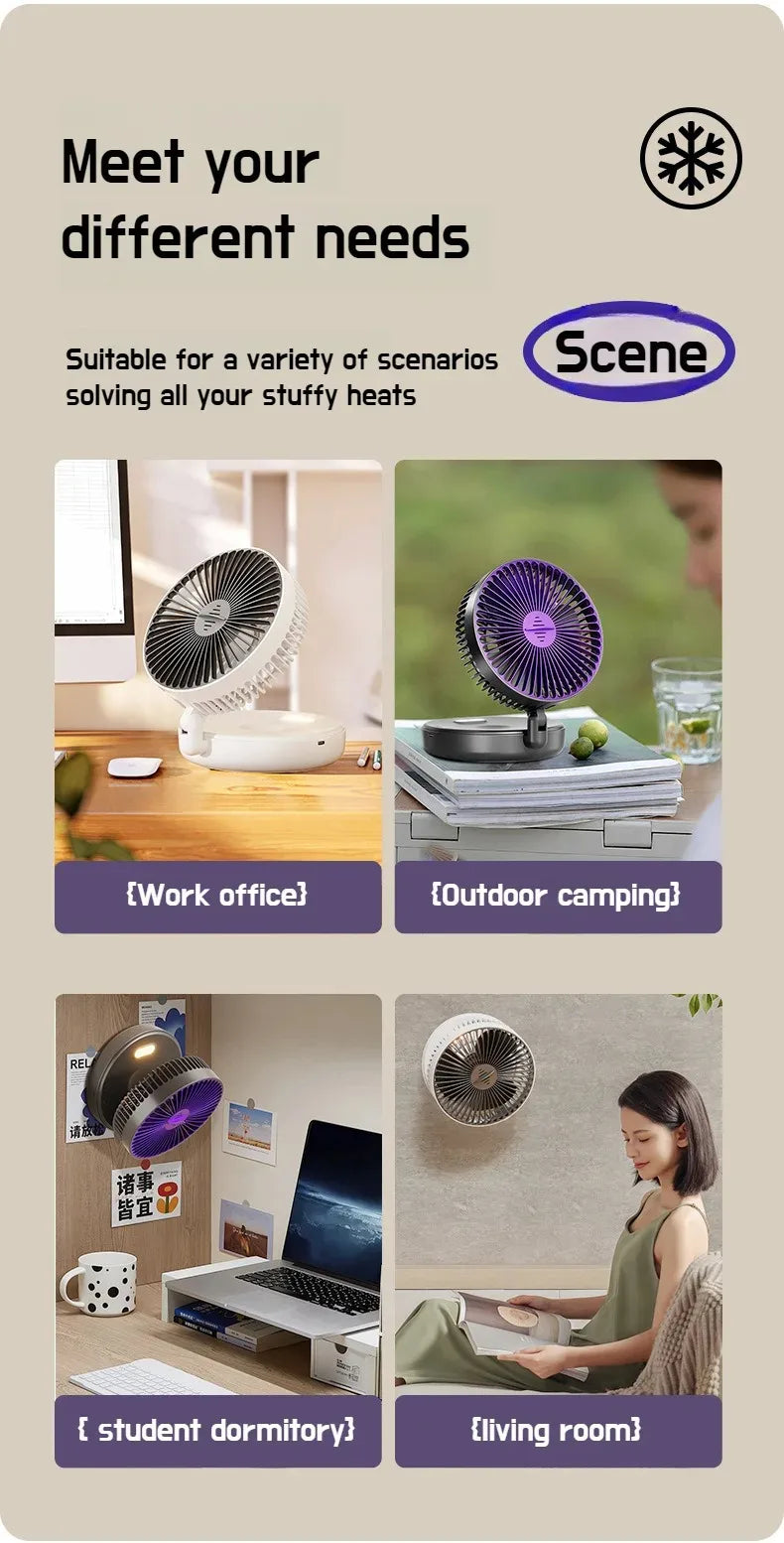 Foldable Desktop Fan Mini  Wall-Mounted Fan With Warm Night Light Rechargeable 4 Gears Adjustable Portable Air Circulation Fan