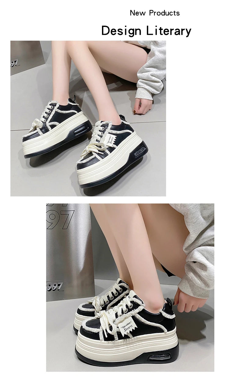 Fashion Chunky Sneakers Women Autumn Lace Up Platform Sports Shoes 8CM Thick Bottom High Heels Female Leather Sneakers Woman