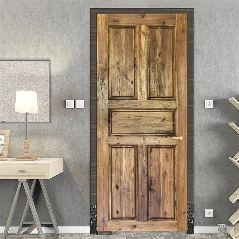 Wooden Door Mural Decal Sticker Peel and Stick Removable Self-Adhesive Brown Wood Grain Red Brick Door Wallpaper for Home Decor