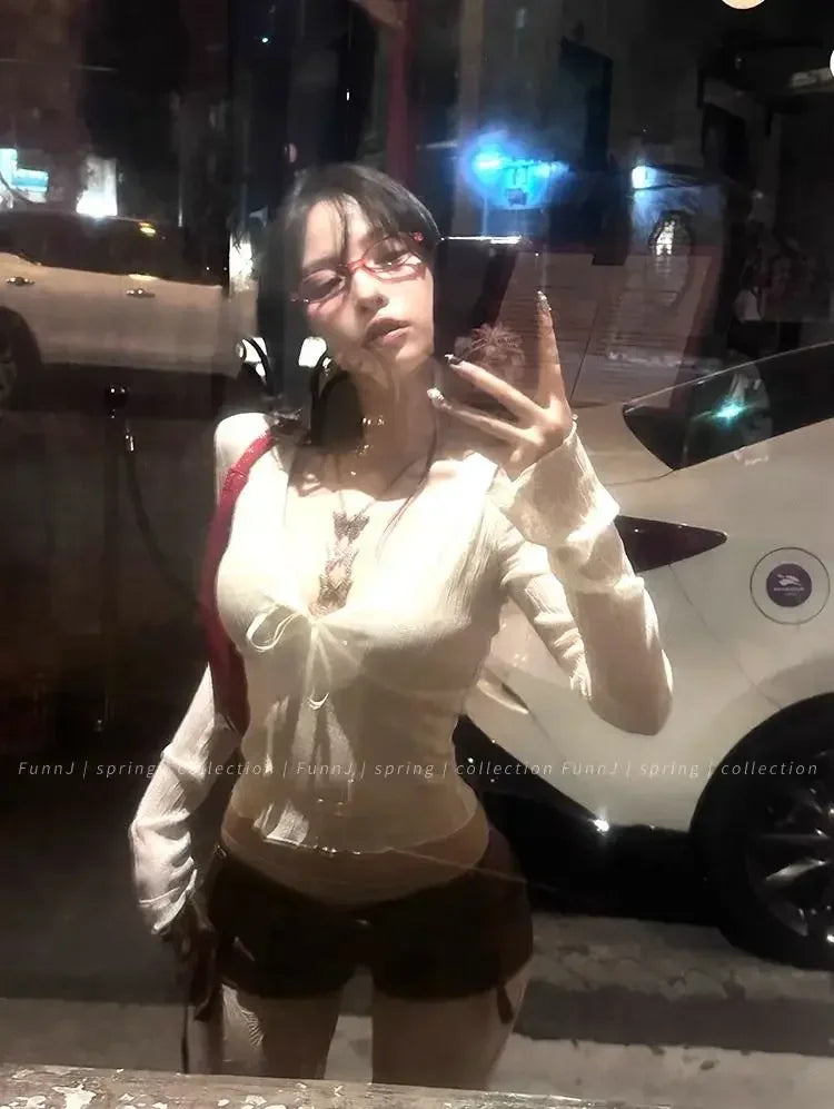 Coquette Aesthetic Mesh T Shirts Women Vintage V Neck Lace Bow Cropped Tops Y2k Sexy Slim Fit Long Sleeve Tee Shirts