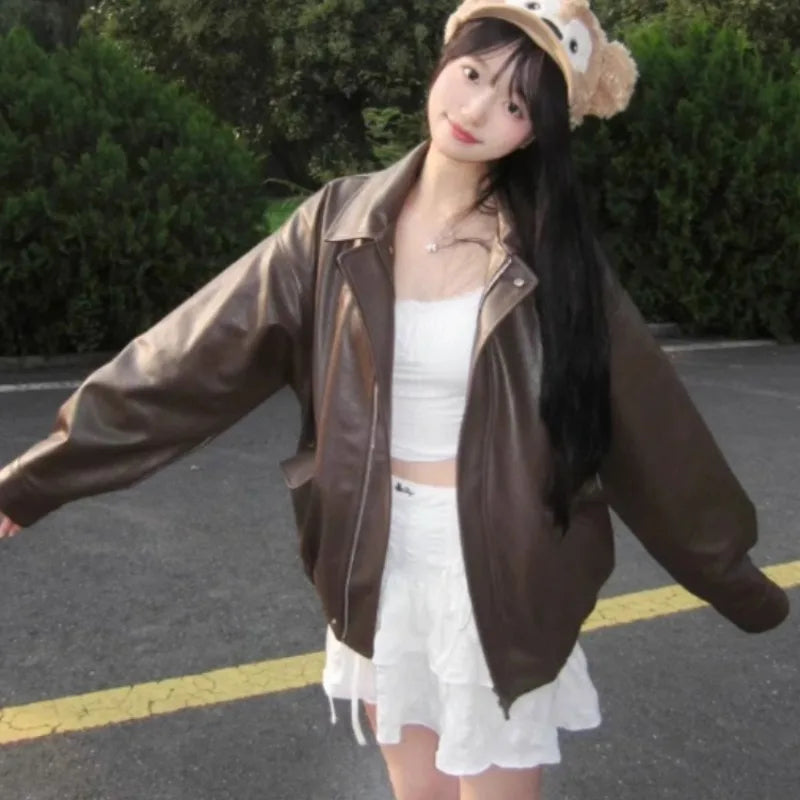 American Retro Solid Pu Jackets Women Autumn Sweet Cool Tops PU Baggy Cozy Turn-down Collar Zipper Fashion Stylish Temperament