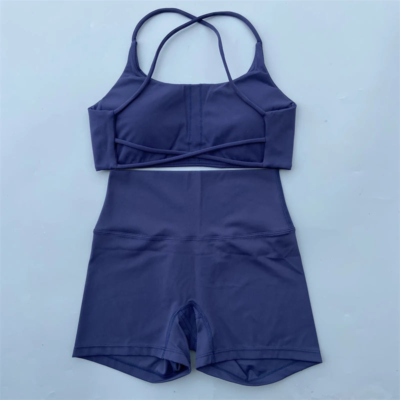 Yoga Shorts Set Gym Two Piece Sports Set Women Workout Outfit Fitness Suit Cross Straps Bra High Waist Shorts Running Tracksuit