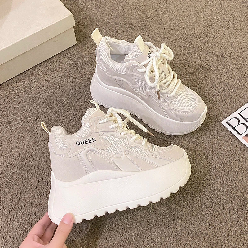 Women Chunky Sneakers 2025 Autumn Breathable Mesh Casual Shoes 11CM Wedge Heels Platform Shoes Chaussures Femme Sports Dad Shoes