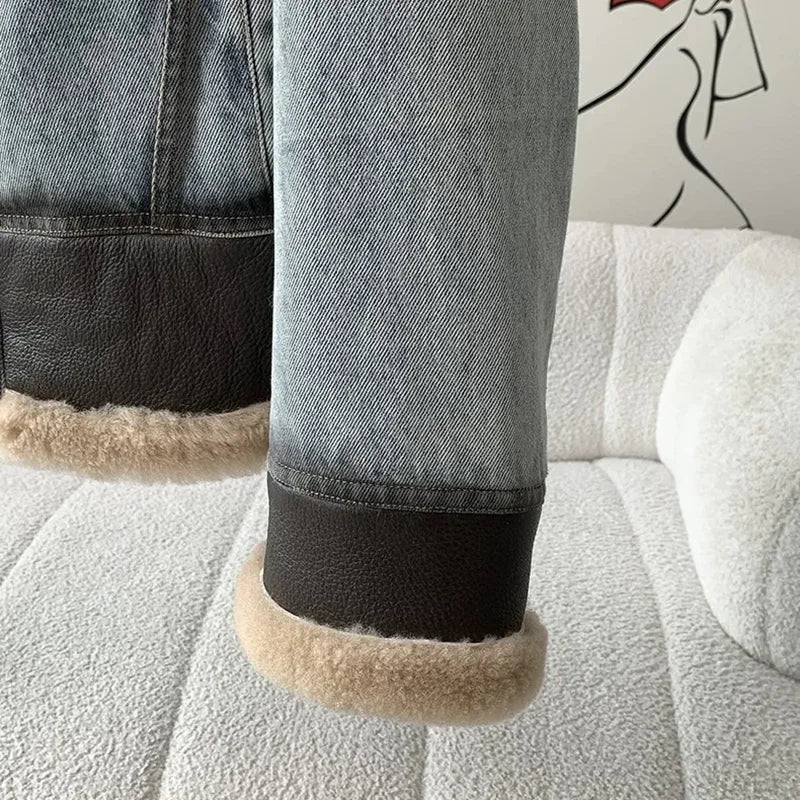 High Quality Denim Women’s Winter Jackets With Natural Sheep Leather with Fur Collar White Goose Down Liningm