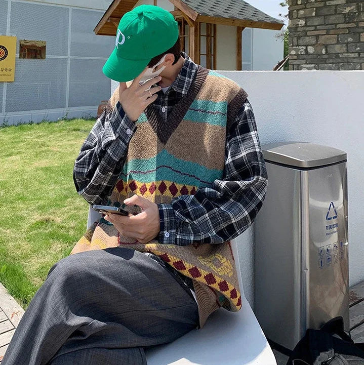 Tatiana Haven Men’s Printed Knit Sweater Vest – V-Neck Casual Korean-Style Fashion Waistcoat for Autumn & Winter