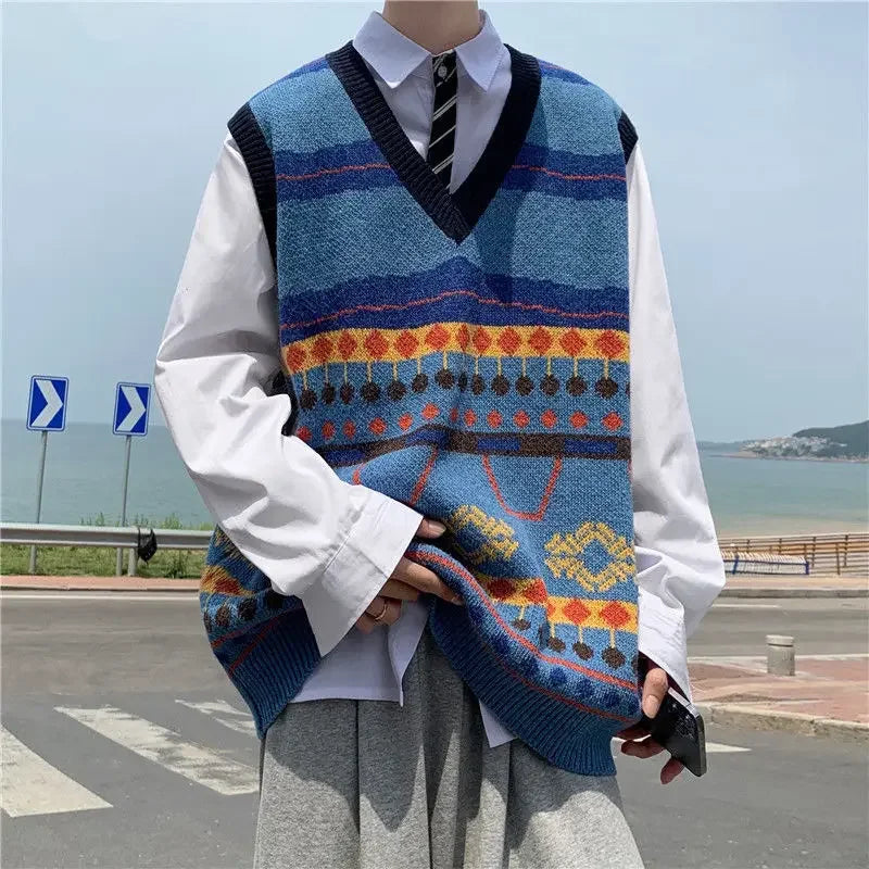 Tatiana Haven Men’s Printed Knit Sweater Vest – V-Neck Casual Korean-Style Fashion Waistcoat for Autumn & Winter