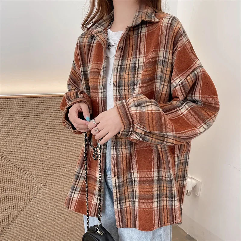 Women’s Oversized Flannel Plaid Shirt – Long Sleeve Button-Down Check Shacket for Autumn & Winter