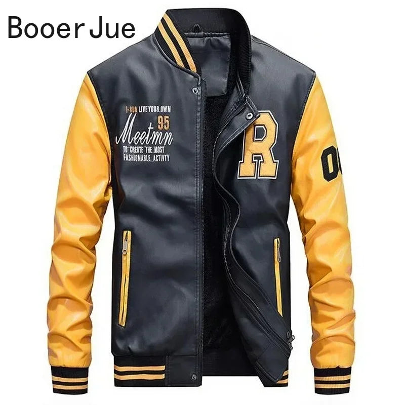 Bomber Jacket Men Baseball Motorcycle Embroidered Leather Pu Coats Slim Fit College Fleece Luxury Pilot Jackets Top Winter Coat