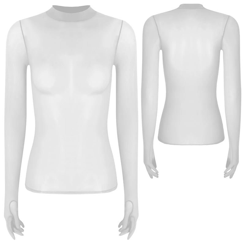 Adult Women Sheer Mesh Ultra Thin Crop Top Long Sleeve Mock Neck Translucent Gloved Tops for Base Shirt Lingerie Role Play Tops