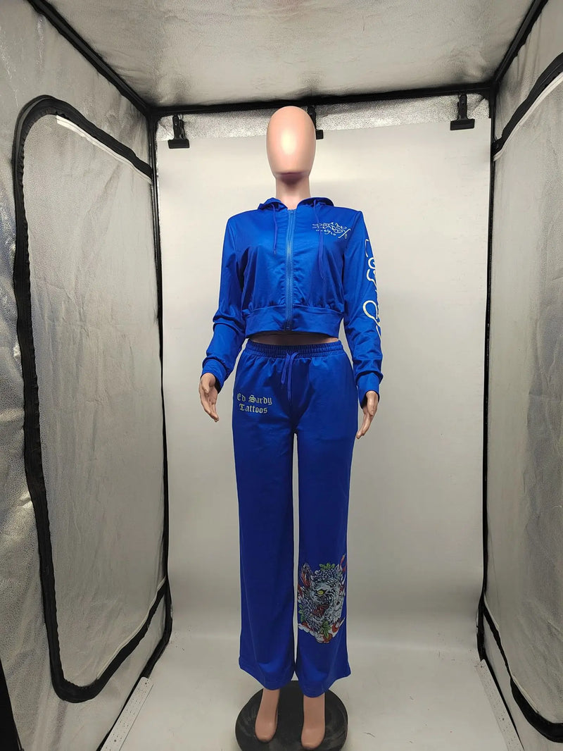 Y2k Zipper Tracksuit Women Black Print Hoodie Sweatpant Winter Blue Bodycon 2 Two Piece Outfits Pants Matching Sets Sweatshirt