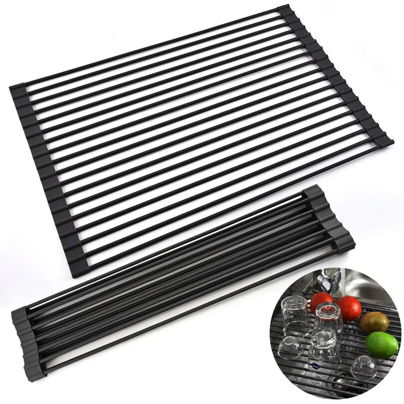 Large roll dish drying rack foldable dish rack sink drainer roll sink drying rack full silicone coated stainless steel dish