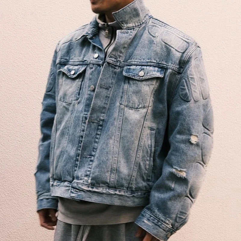 European American High Street Trend Kanye West Denim Jacket Heavyweight Washed Do Old Pleated Ripped Denim Outerwear