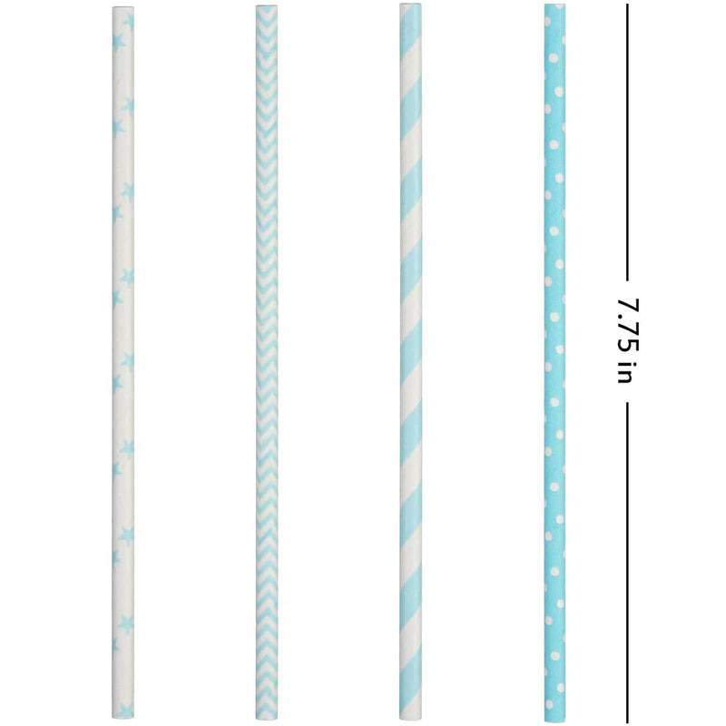 Biodegradable Light Blue White Paper Straws, Pack of 100 Party Straws for Juice, Cocktail, Smoothies, Birthday, Wedding
