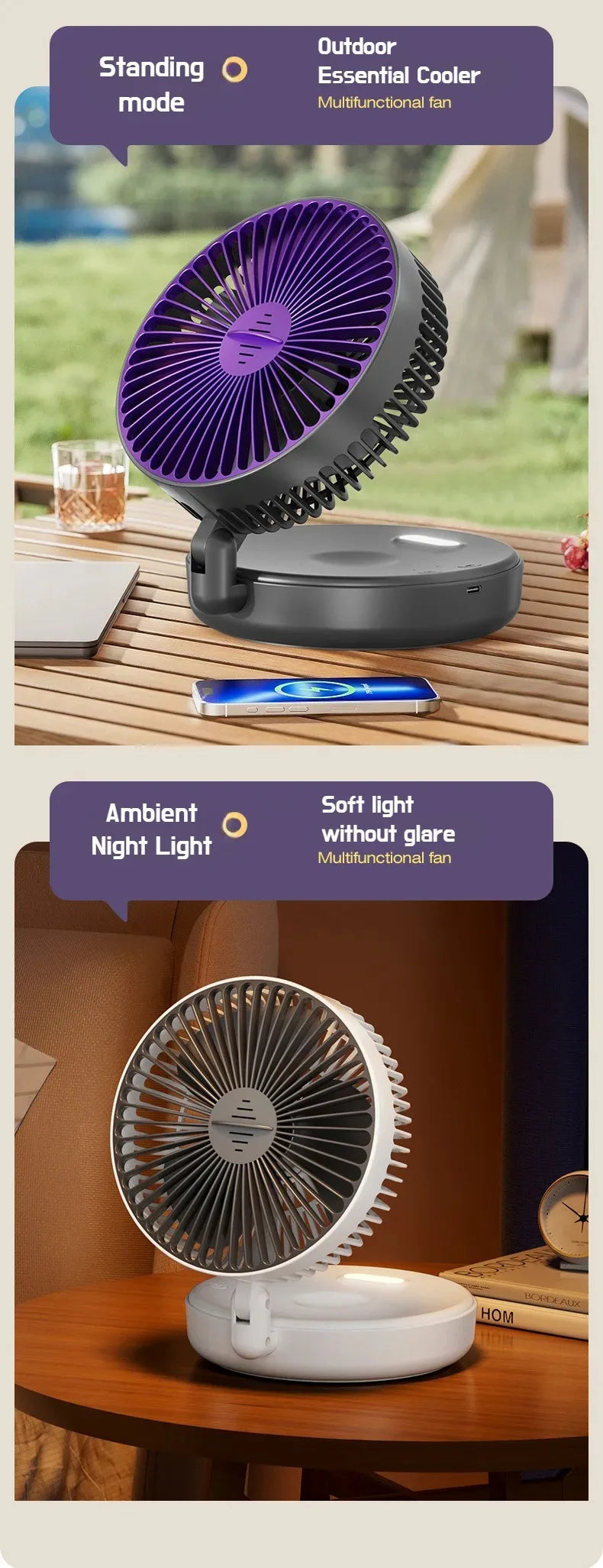 Foldable Desktop Fan Mini  Wall-Mounted Fan With Warm Night Light Rechargeable 4 Gears Adjustable Portable Air Circulation Fan