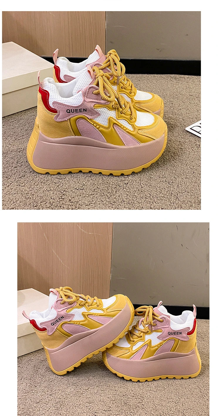 Women Chunky Sneakers 2025 Autumn Breathable Mesh Casual Shoes 11CM Wedge Heels Platform Shoes Chaussures Femme Sports Dad Shoes