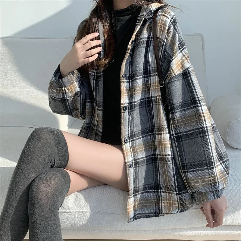 Women’s Oversized Flannel Plaid Shirt – Long Sleeve Button-Down Check Shacket for Autumn & Winter
