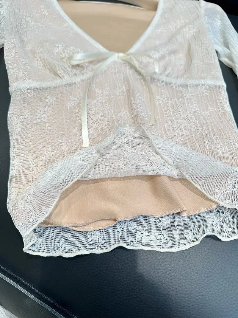 Coquette Aesthetic Mesh T Shirts Women Vintage V Neck Lace Bow Cropped Tops Y2k Sexy Slim Fit Long Sleeve Tee Shirts